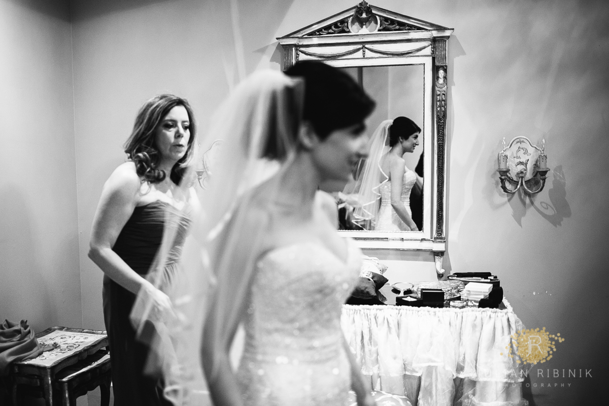 A black and white shot of the bride
