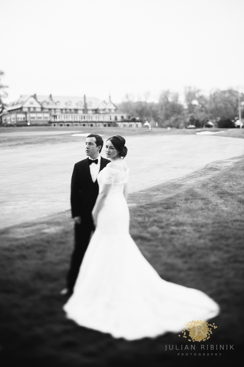 Black and white photo of the bride and groom