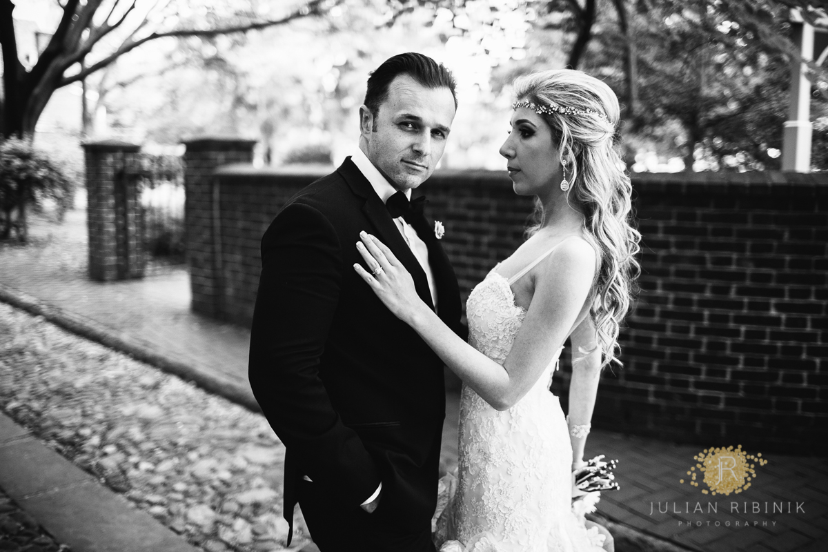 A black and white photo of bride and groom