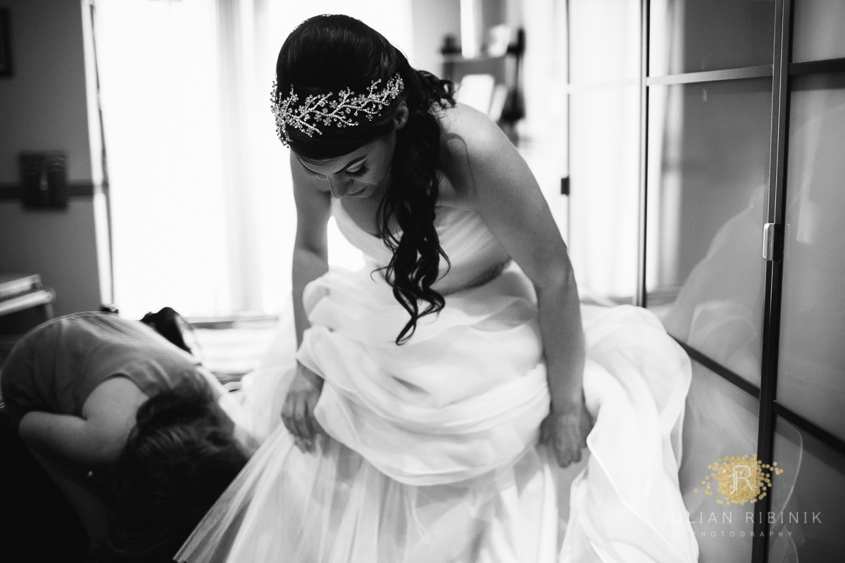 A black and white photo of the bride