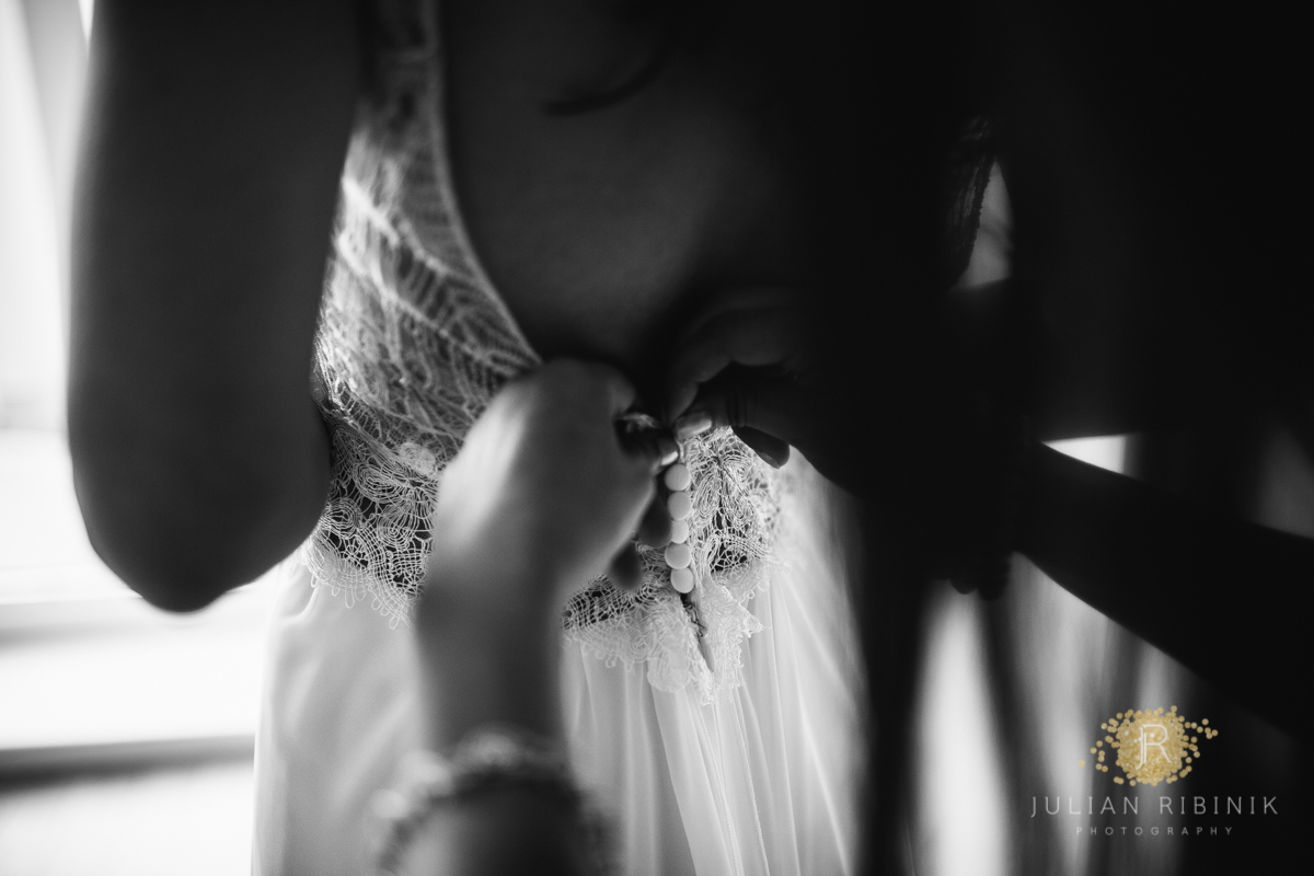 A black and white photo of wedding gown