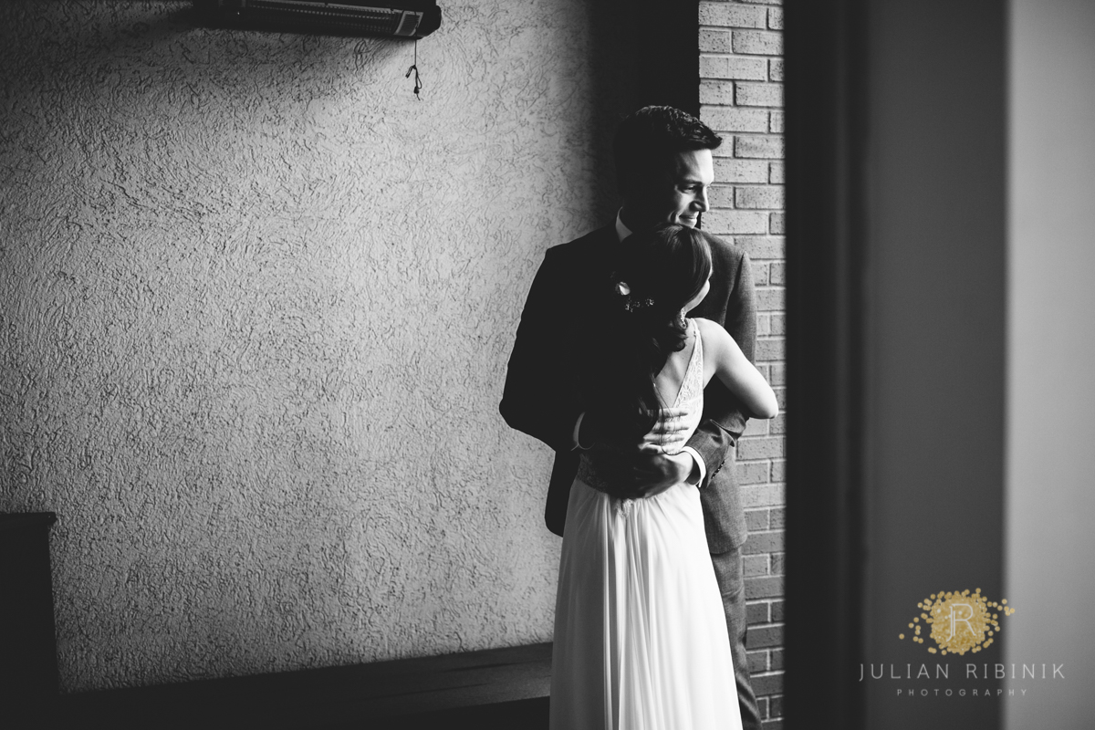 A black and white photo of bride and groom in NY