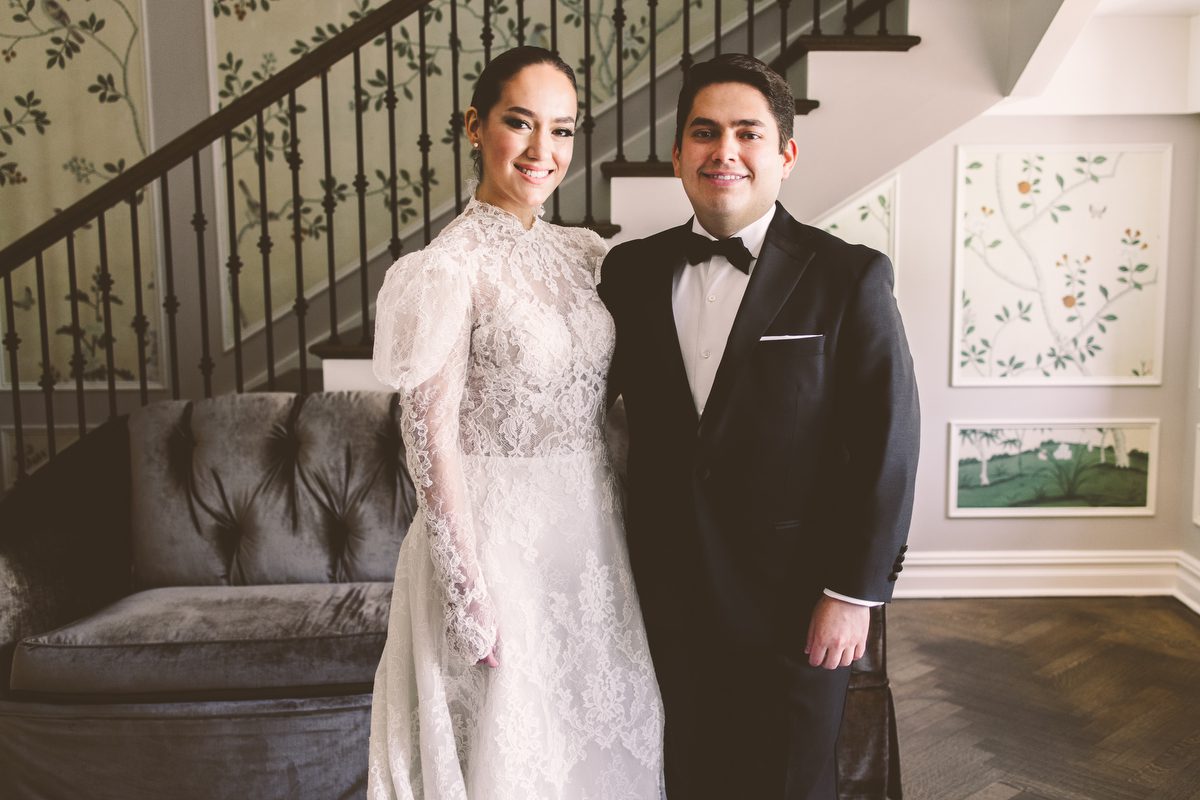 Black and white bridal portrait with cathedral veil