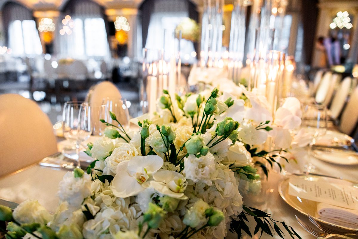 Crystal candelabra and white orchids