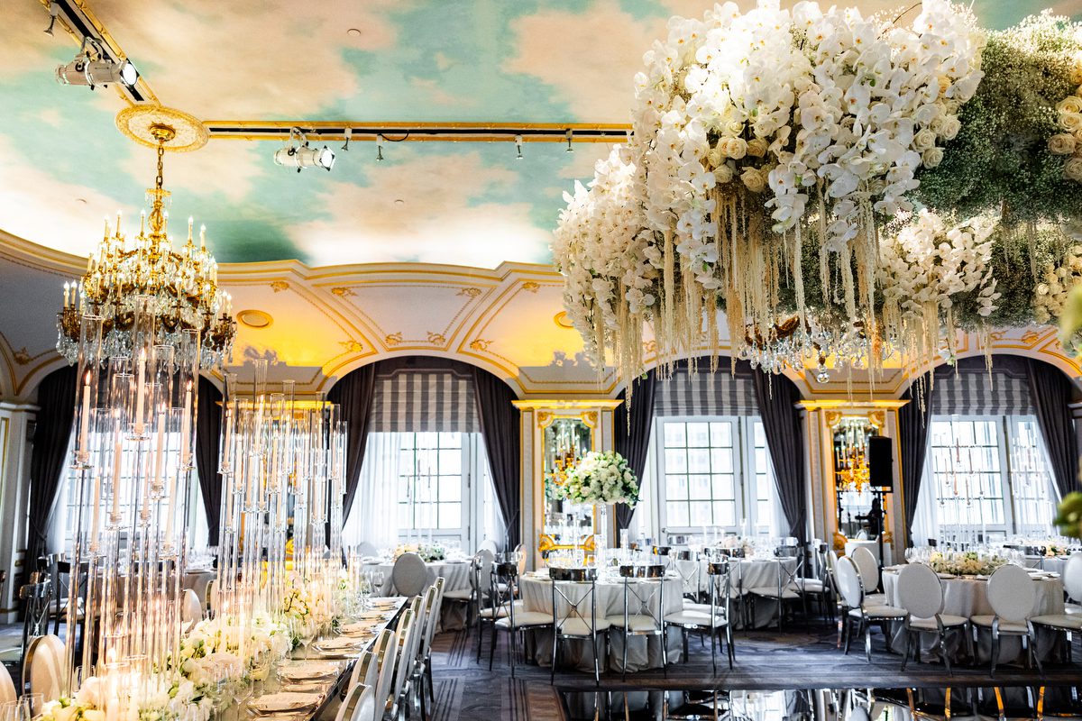 Ballroom set for a Mexican Catholic wedding reception
