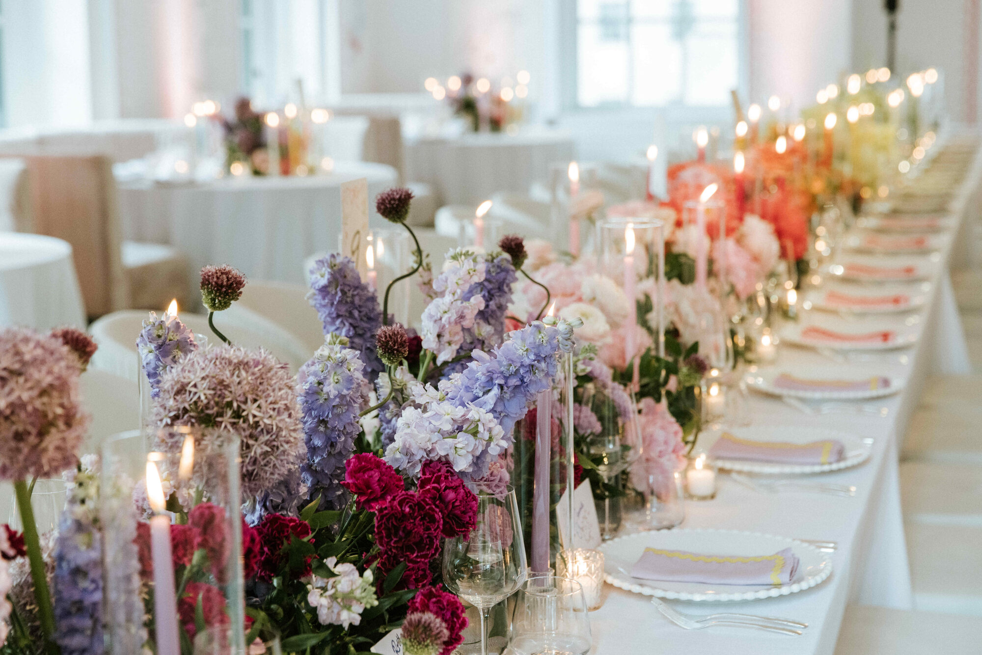 Long reception table set for dinner