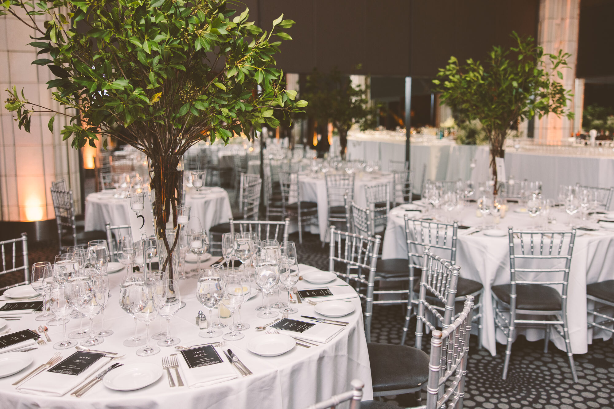 Olive trees and place settings beneath the vaults at Guastavino's