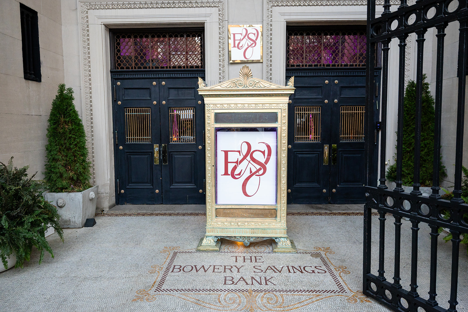 The entrance to Capitale with The Bowery Savings Bank set into the mosaic floor