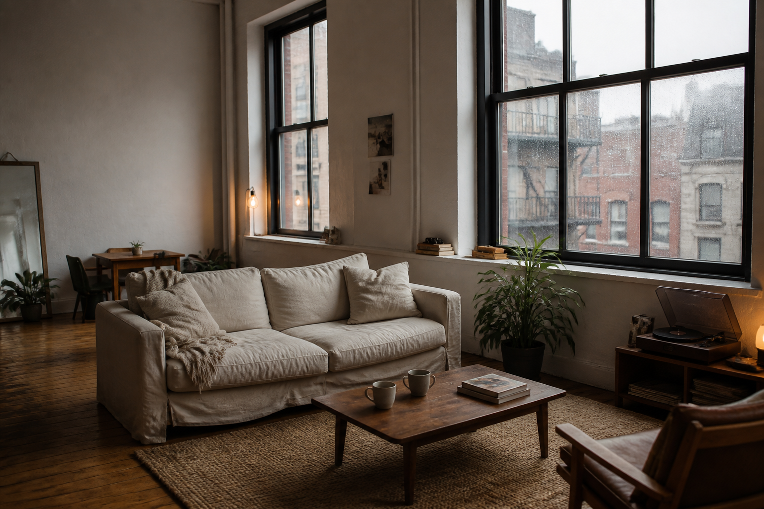 Rain falling outside a warm New York daylight studio with a sofa, coffee table, and record player.
