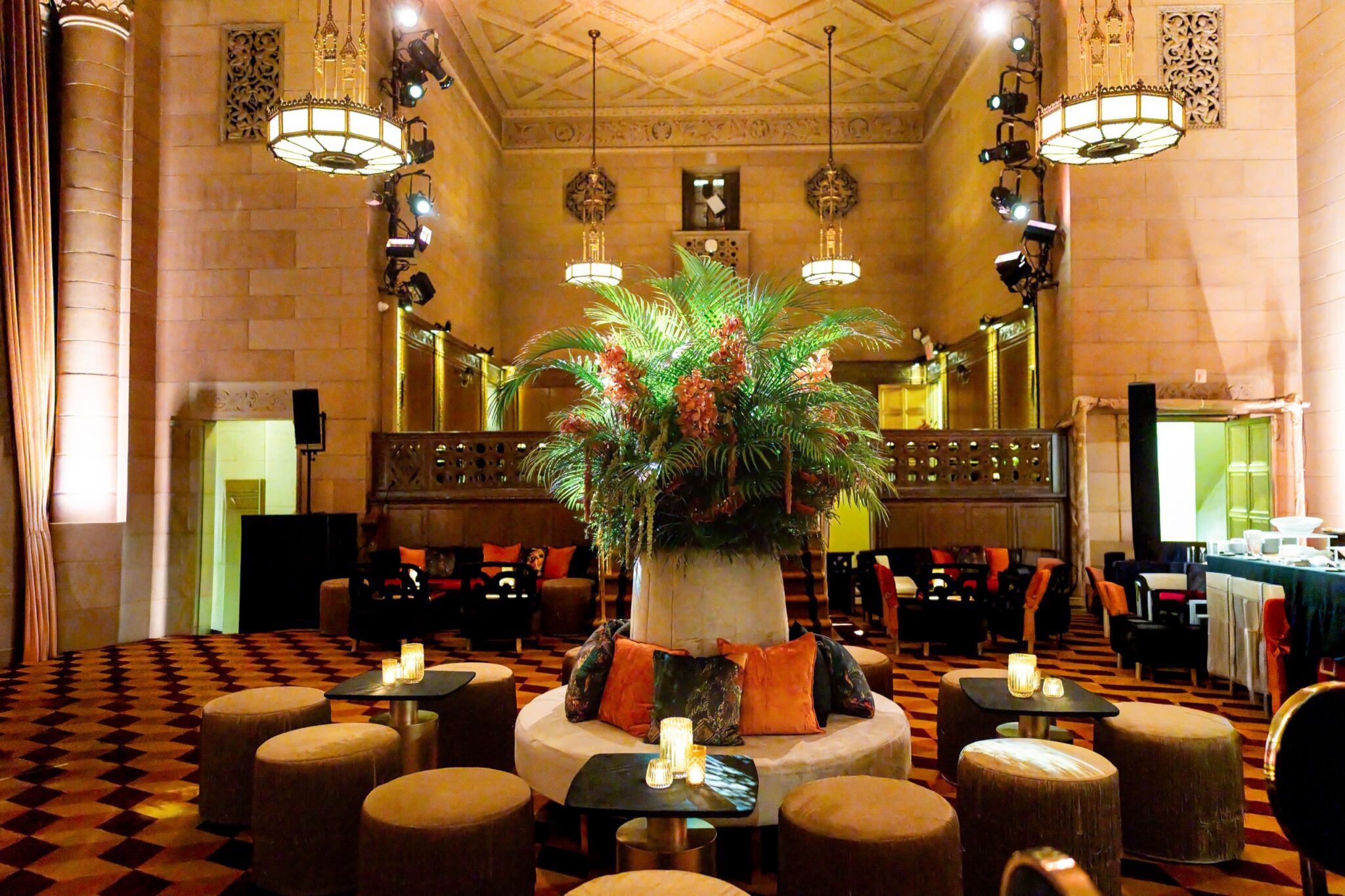 Large tropical installation anchoring the adjoining lounge at Cipriani 42nd Street
