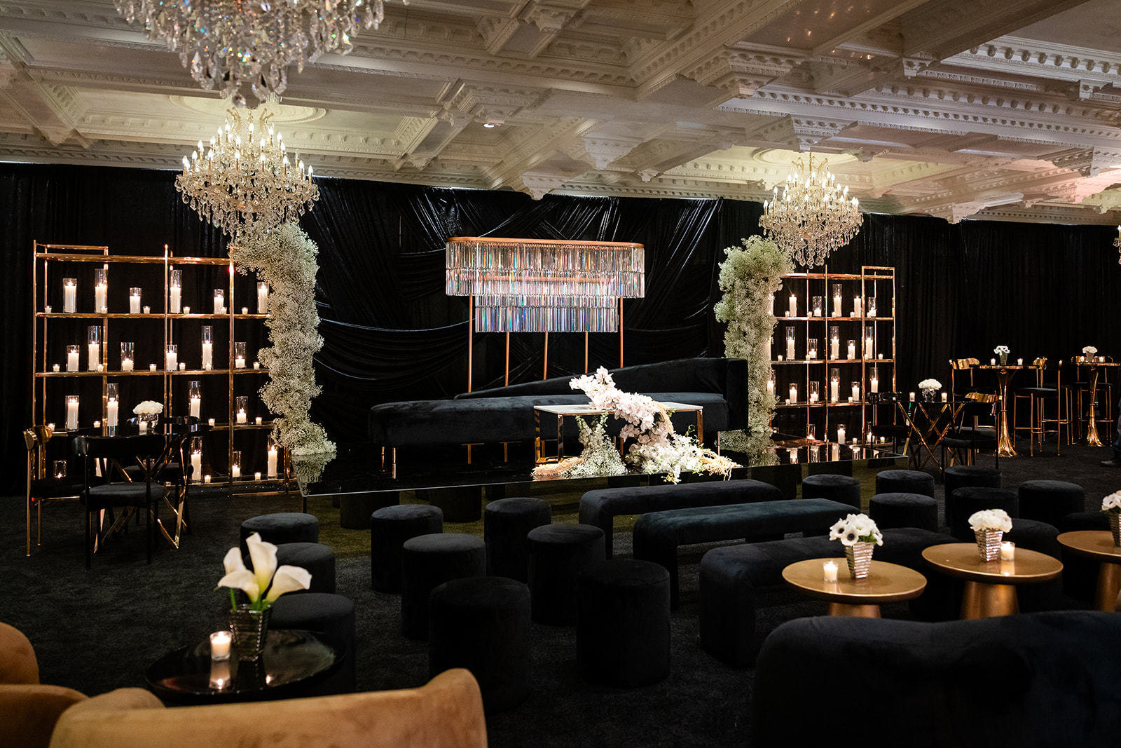 Gold bar and lounge setting designed by Highstyle Event Rental