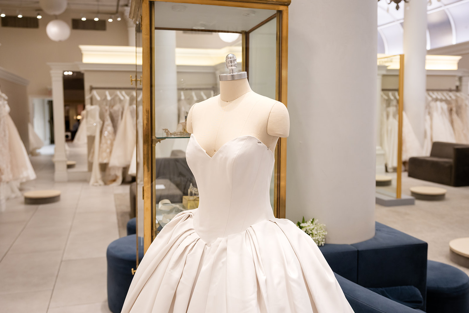 Bridal gown displayed inside the Kleinfeld New York salon